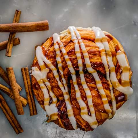 Cherry almond danish with caramelized golden edges