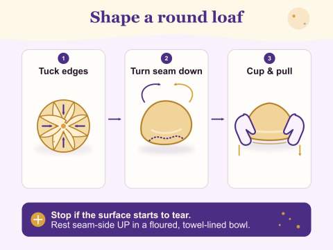 Shape a round loaf: tuck the edges inward, turn seam-side down, then cup and gently pull to tighten.