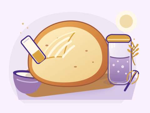 Illustration of a sourdough loaf, starter jar, bowl, and baking tools in Buttered Up Bakery colors