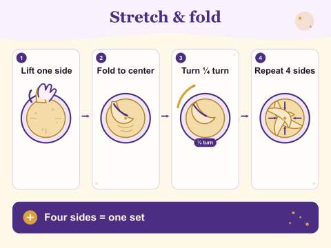 Stretch and fold: lift one edge, fold over the middle, turn the bowl, and repeat on all four sides.